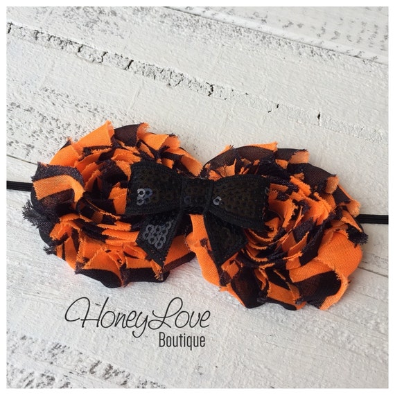 Halloween Headband Double Shabby Flower Sequin Bow Skinny