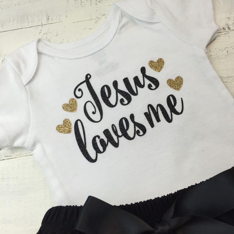 Black Gold Glitter shirt bodysuit custom hearts newborn infant baby toddler little girl Sunday School Baptism gift Jesus loves me Church