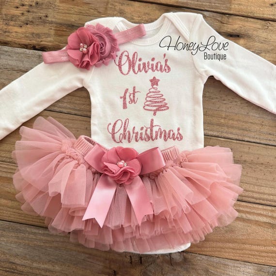 Personalized 1st Christmas Outfit, Baby Girl First Christmas Dress, Newborn Baby Girl Clothes, Vintage Pink Dusty Rose Set, My 1st Christmas Personalized 1st Christmas Outfit, Baby Girl First Christmas Dress, Newborn Baby Girl Clothes, Vintage Pink Dusty Rose Set, My 1st Christmas