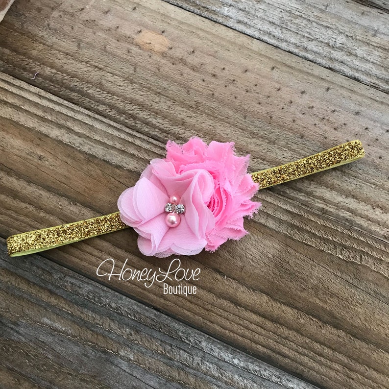 Light Pink and Bubblegum Pink flower rhinestone pearl headband bow gold silver elastic head band newborn infant toddler little baby girl