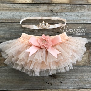 SET Princess crown tiara headband, peach gold glitter tutu skirt bloomer bloomers, ruffles all around, newborn infant toddler baby girls