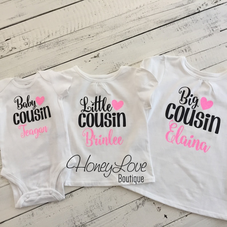 PERSONALIZED Cousin shirts Matching Little Middle Big glitter bodysuits custom personalization shirt baby girl newborn infant toddler