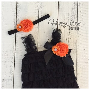 Halloween Outfit - Black Lace Embellished Petti Romper & Headband - orange and black - newborn baby little girl, infant, toddler
