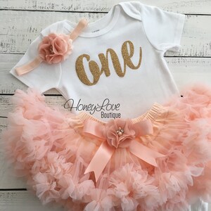 One - Birthday Outfit - Gold glitter and Peach - embellished pettiskirt