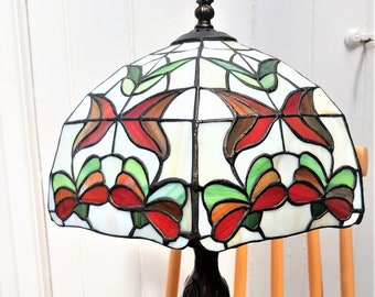 Vintage Tiffany style lamp, Stained glass lamp shade, flower, butterfly, leaves lampshade, tree lamp base, white glass shade, table light