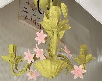 Toleware style pendant ceiling chandelier fixture with painted pink flowers on Annie Sloan Firle Green Chalk Paint UK, USA, Europe fitting