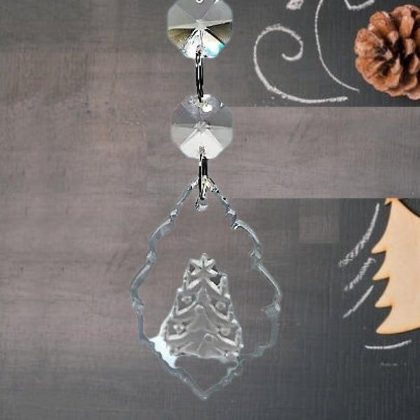 Vintage Maple leaf chandelier droplets with tiny decorated Christmas tree engraving, on silver rings, unique gift for garden and home.