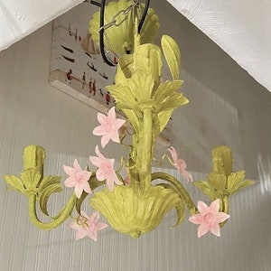 Toleware style pendant ceiling chandelier fixture with painted pink flowers on Annie Sloan Firle Green Chalk Paint UK, USA, Europe fitting image 1