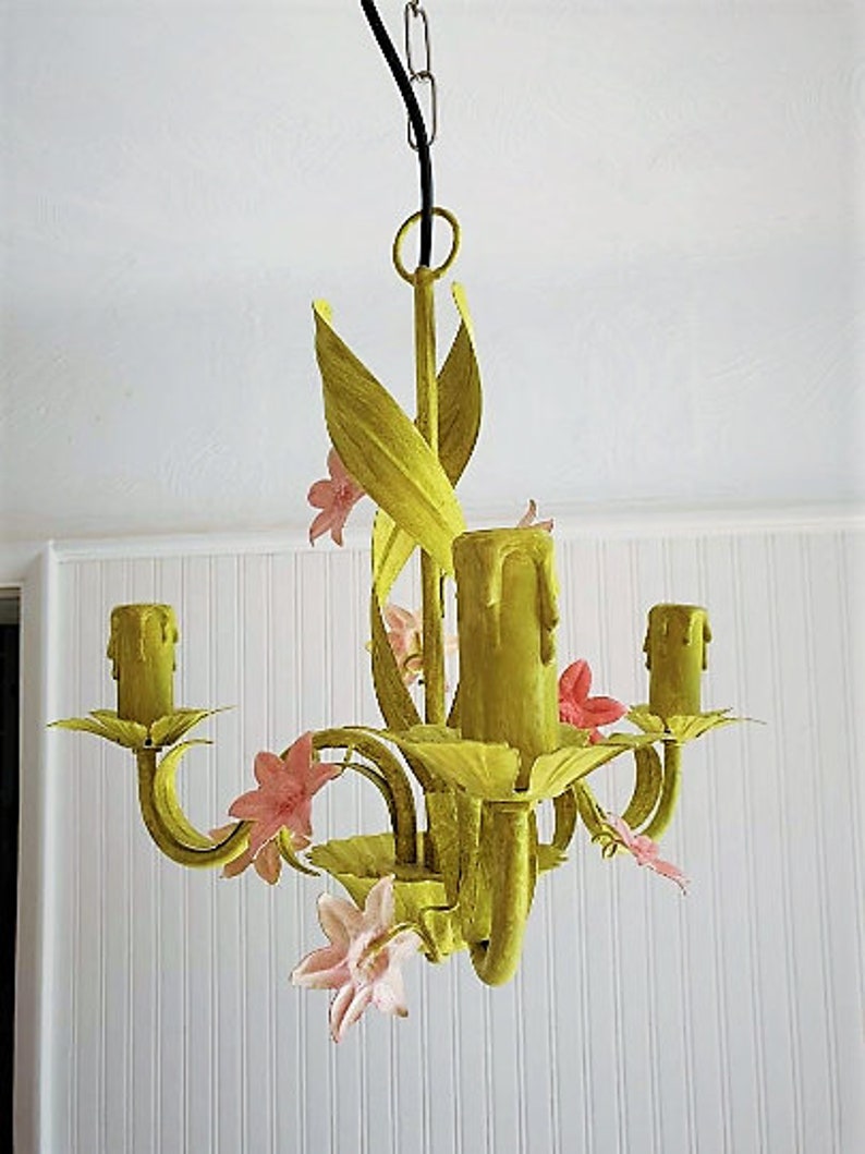 Toleware style pendant ceiling chandelier fixture with painted pink flowers on Annie Sloan Firle Green Chalk Paint UK, USA, Europe fitting image 7