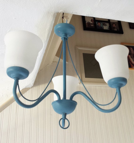 Greek Blue Vintage Flush 3 Light Ceiling Fixture With White Hurricane Style Glass Shades Uk Usa Europe