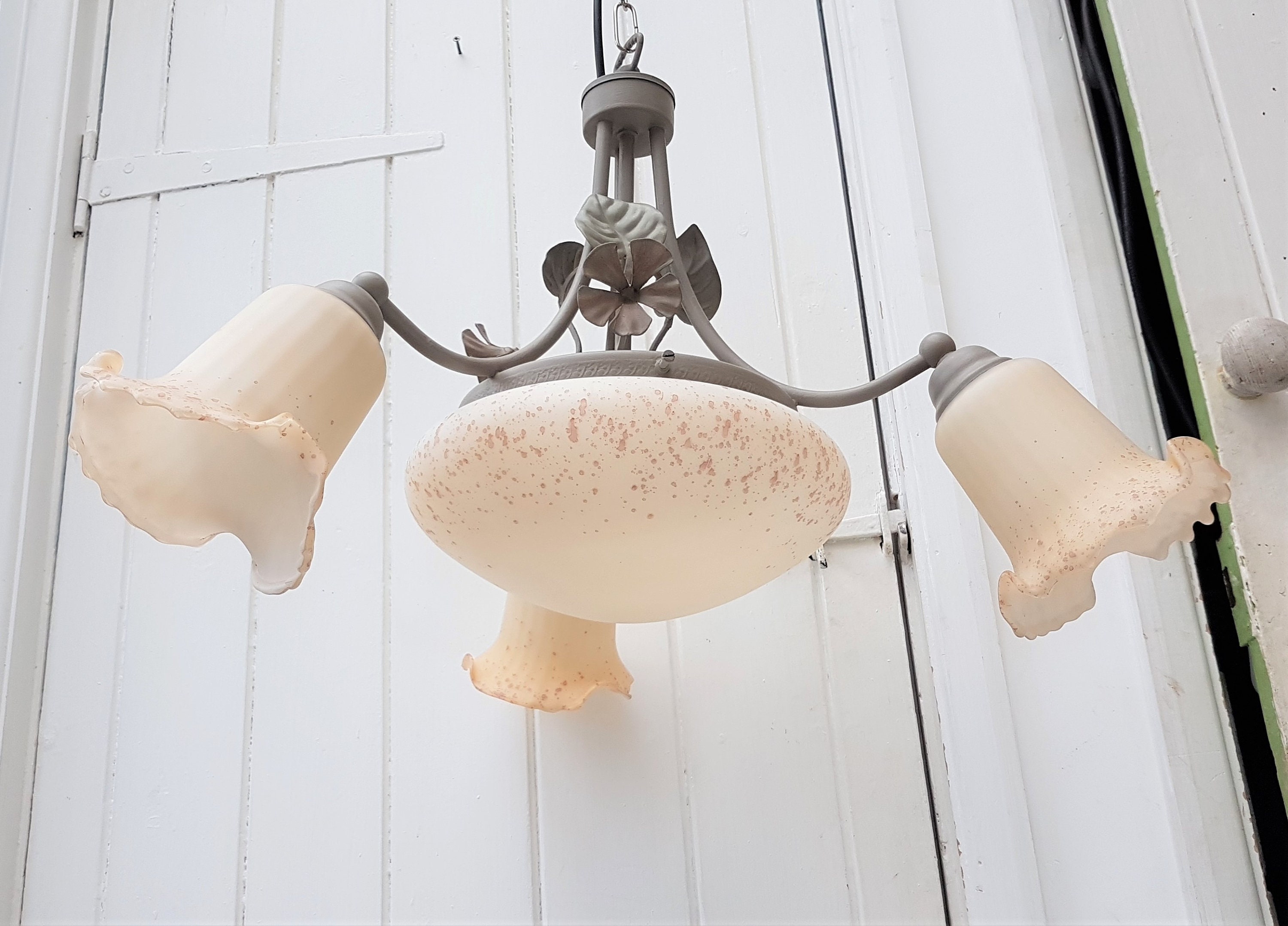 Large Vintage Ceiling Light Opal Glass Bowl Shade Plus 3 Lamp