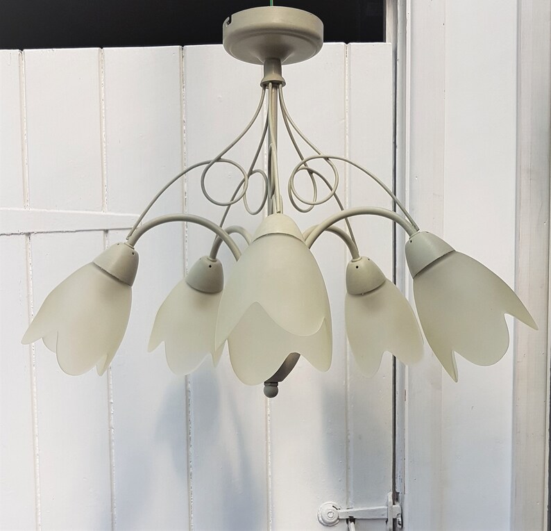 Vintage Flush Mount Pale Olive 5 Light Ceiling Fixture With Pale Yellow Petal Glass Lampshades Uk Usa Europe