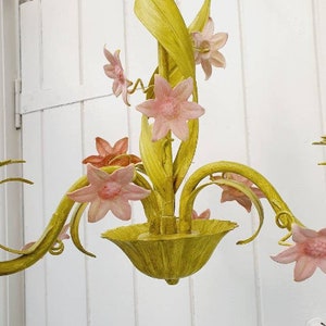Toleware style pendant ceiling chandelier fixture with painted pink flowers on Annie Sloan Firle Green Chalk Paint UK, USA, Europe fitting image 6