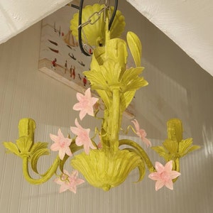 Toleware style pendant ceiling chandelier fixture with painted pink flowers on Annie Sloan Firle Green Chalk Paint UK, USA, Europe fitting image 8
