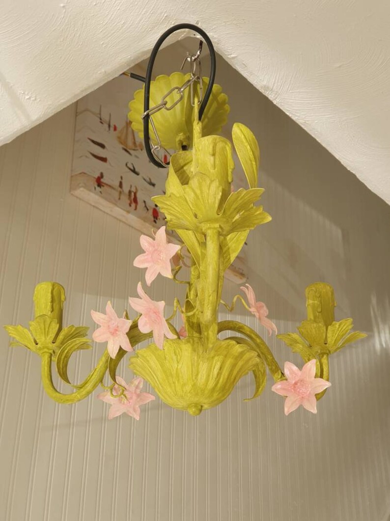 Toleware style pendant ceiling chandelier fixture with painted pink flowers on Annie Sloan Firle Green Chalk Paint UK, USA, Europe fitting image 8