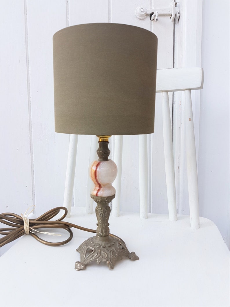 Vintage Hand Painted Olive Green And Red Onyx Table Lamp With Matching Drum Shade Reclaimed Lighting Uk Usa Europe