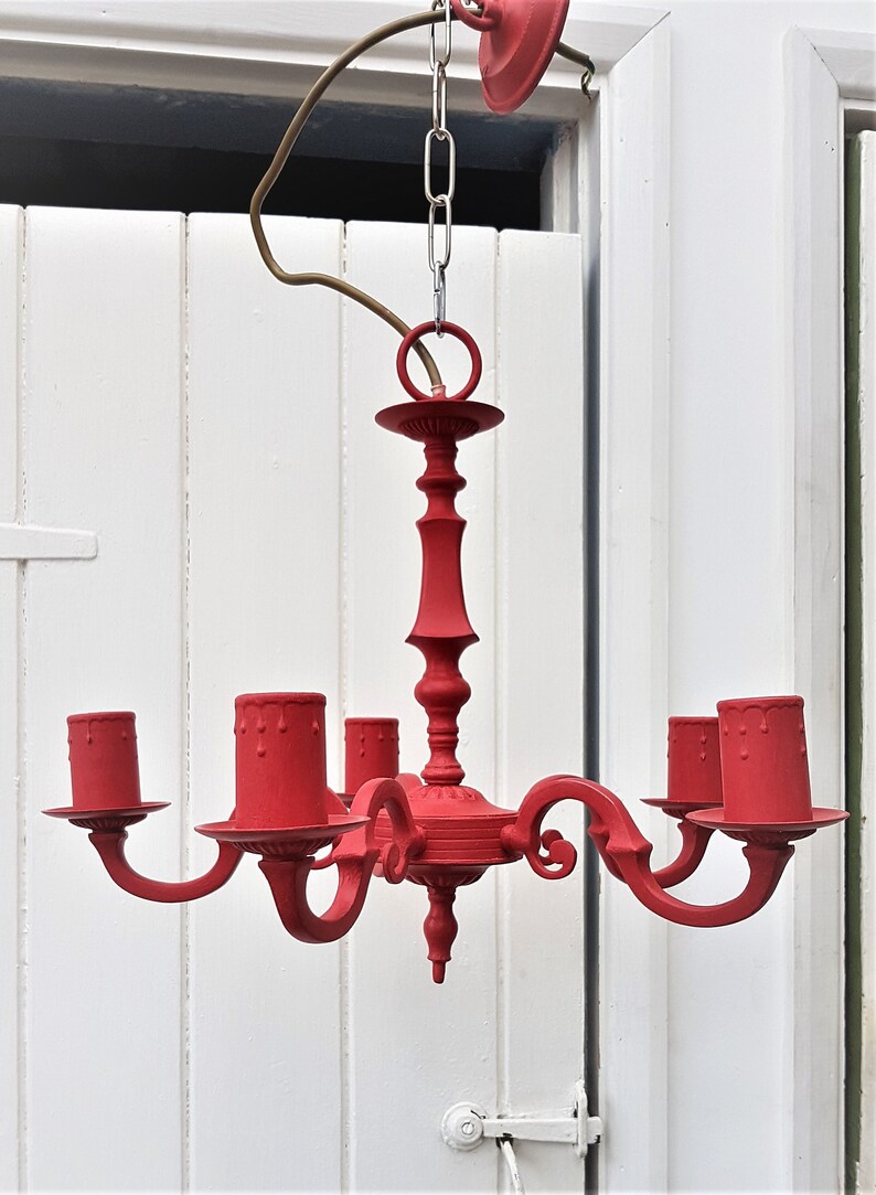 Vintage 5 Light Red Pendant Ceiling Light Fixture Rewired And Etsy