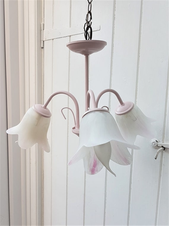 Vintage Pink Flush Ceiling Light Fixture With 3 White Lilac Hand Painted Glass Lampshades Uk Usa Europe