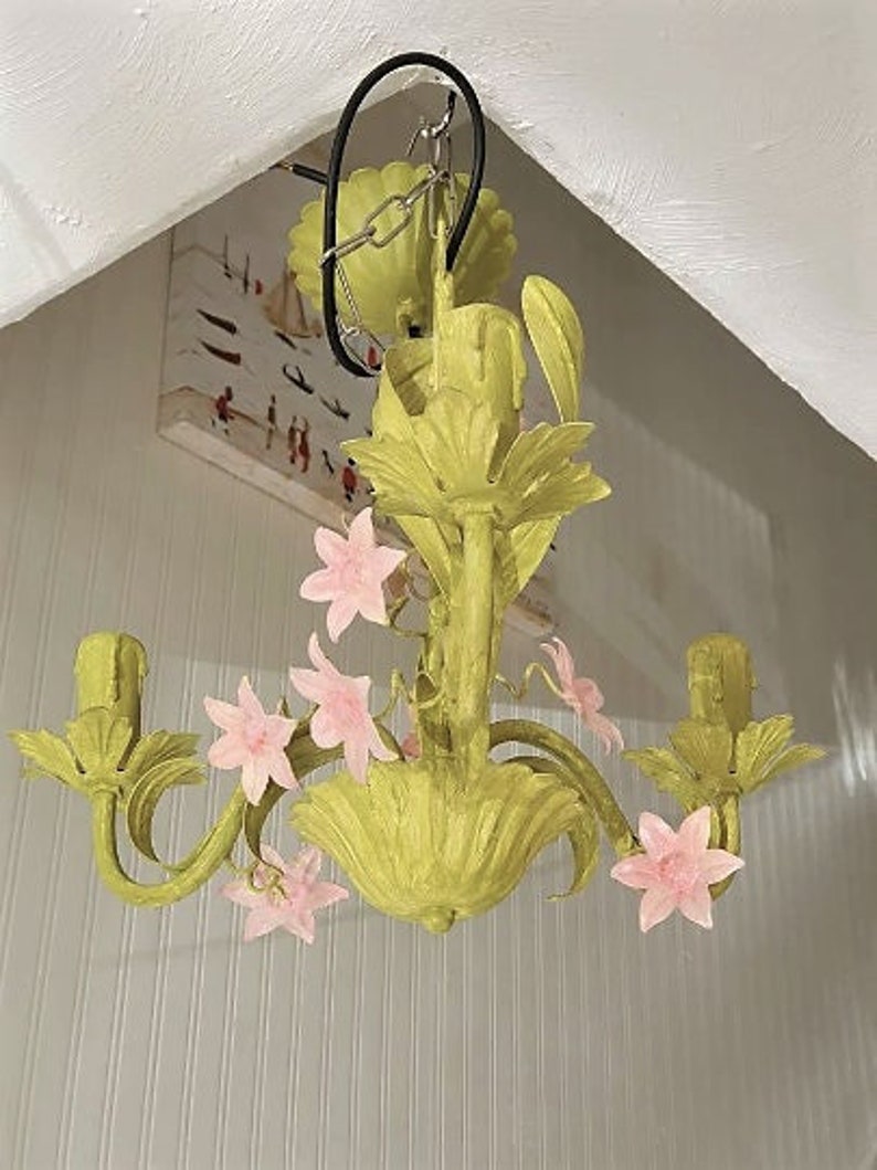 Toleware style pendant ceiling chandelier fixture with painted pink flowers on Annie Sloan Firle Green Chalk Paint UK, USA, Europe fitting image 1