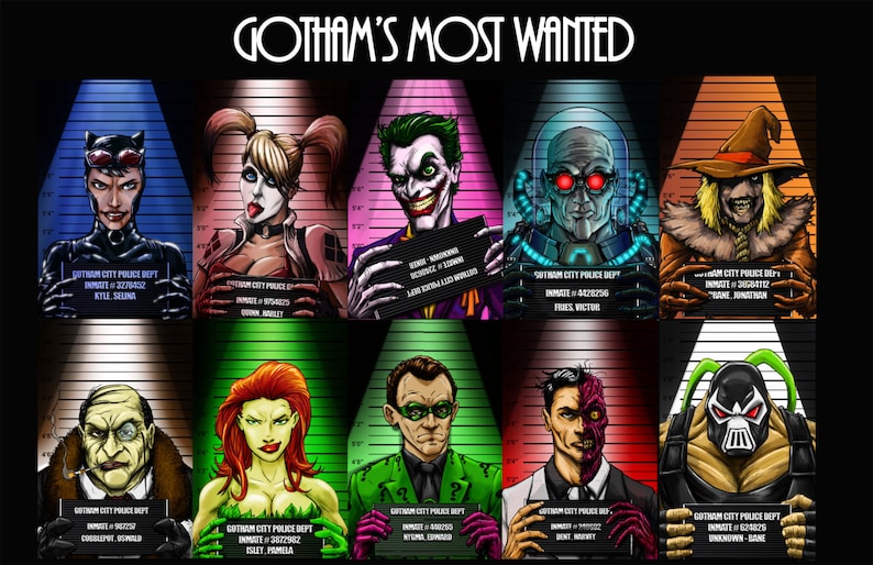May include: A digital illustration of Gotham City's most wanted criminals. The image features nine characters from the Batman universe, including Catwoman, Harley Quinn, The Joker, Mr. Freeze, Scarecrow, Poison Ivy, The Riddler, Two-Face, and Bane. Each character is depicted in a mugshot style with a police background and a caption with their name and inmate number.