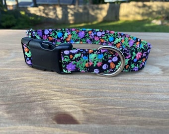 Black Floral Dog Collar: Black & Purple Flowers, Martingale Option