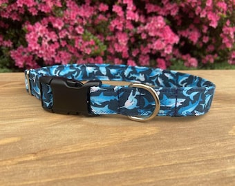 Blue Shark Print Dog Collar, Ocean Dog Collar
