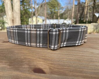 Grey Winter Plaid Martingale Dog Collar, Wide Martingale, Gray