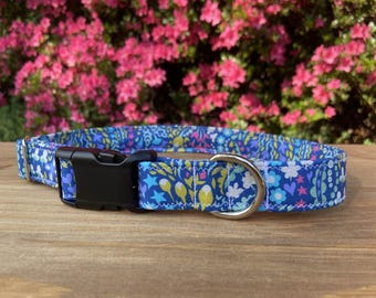Blue Floral Dog collar with Butterflies