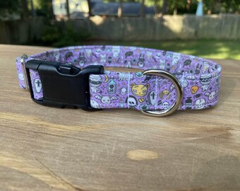 Halloween Doodle dog collar,  Skulls, Spiders, Skeleton, Bat, Ghost,  Zombies, Purple