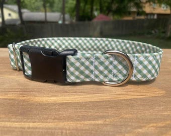 Sage Green Gingham Dog Collar, green plaid dog collar