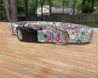Fall Wildflowers dog collar, teal dog collar