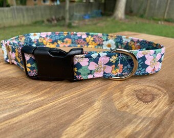 Navy Floral Dog Collar: Pink Flowers, Puppy Collar, Martingale Option