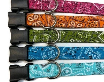 May include: Five pet collars arranged vertically, each featuring a distinct bandana-style paisley print in pink, orange, olive green, royal blue, and turquoise. Each collar includes a black plastic side-release buckle and a silver metal D-ring.