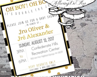 May include: Black and white striped baby shower invitation with gold polka dots and text. The invitation says "Oh Boy! Oh Boy! It's Double the Joy" and includes the names "Jru Oliver & Jré Alexander". The date and time of the shower are listed as "Sunday, August 13, 2017, 3PM to 6PM". The location is "Confederate Hills Recreation Center".