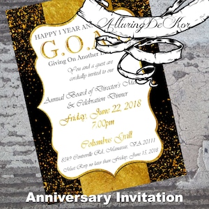 May include: A black and gold invitation card with gold glitter. The text reads "Happy 1 Year Anniversary G.O.A. Giving On Another Day". The invitation is for an Annual Board of Directors Meeting and Celebration Dinner on Friday, June 22, 2018 at 7:00pm at Columbus Grill, 8349 Centreville Rd, Manassas, VA 20111. RSVP by Friday, June 15, 2018.