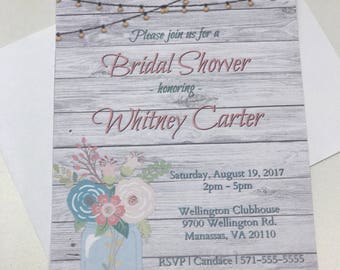 May include: A rustic woodgrain bridal shower invitation with string lights, a mason jar with flowers, and the text "Please join us for a Bridal Shower honoring Whitney Carter". The invitation includes the date, time, location, RSVP information, and registry details.