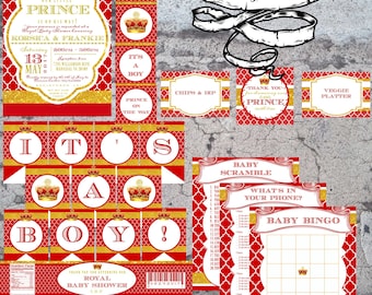 Puede incluir: Un paquete de baby shower real con decoraciones rojas y doradas. El paquete incluye una pancarta, invitaciones, juegos y tarjetas de agradecimiento. El texto en las invitaciones dice "¡Nuestro pequeño príncipe está en camino!" y "Korsica & Frankie".