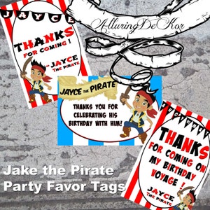 May include: Three red and white striped party favor tags with a cartoon pirate character. The text on the tags reads "Thanks for coming! -Jayce the Pirate", "Jayce the Pirate Thanks you for celebrating his birthday with him!" and "Thanks for coming on my birthday voyage! Jayce the Pirate".