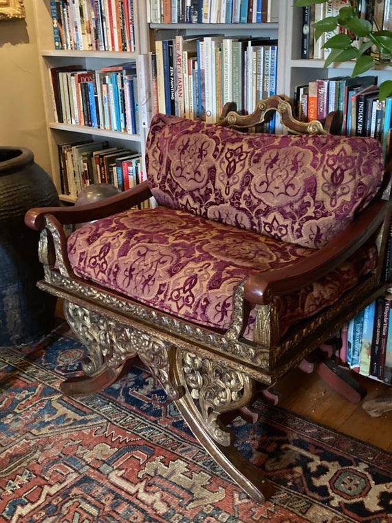Rare Loveseat Meditation Chair Thai Elephant Saddle W Hand Carved Gilded With Brocade Pillows Etsy