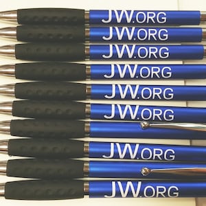 May include: A set of ten blue pens with black rubber grips and a silver stylus tip. Each pen has the text "JW.ORG" printed in white on the barrel.