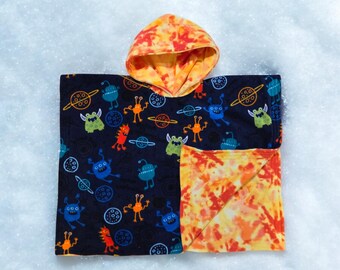 Hooded Car Seat Safe Poncho Personalized Reversible Carka Baby Infant Toddler Fleece Aliens Space Yellow Orange Blue Bright Soft Cozy