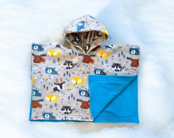Hooded Car Seat Safe Poncho Personalized Reversible Carka Baby Infant Toddler Fleece Animals Forest Deer Bear Gray Blue Soft Cozy Warm