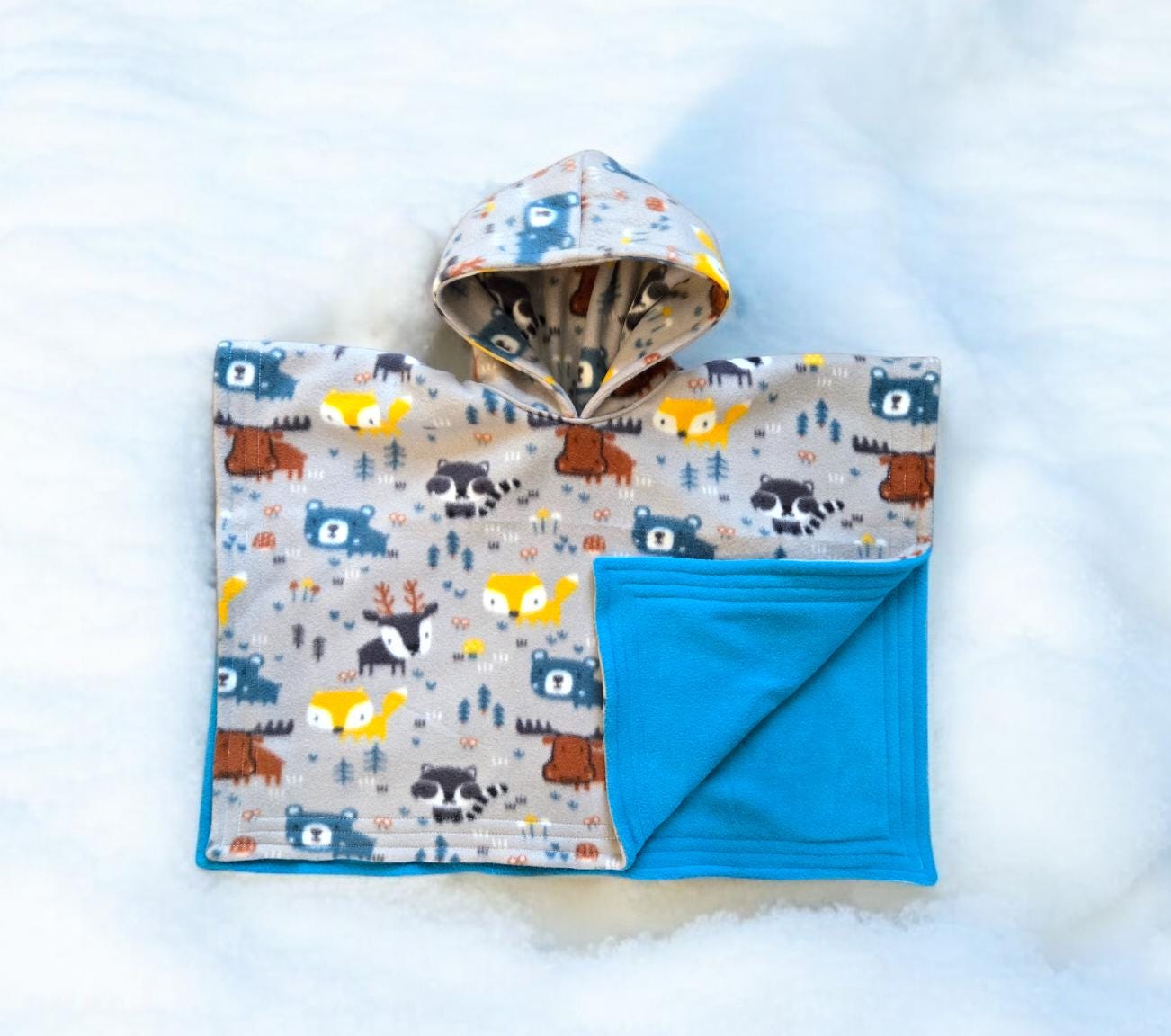 Hooded Car Seat Safe Poncho Personalized Reversible Carka Baby Infant Toddler Fleece Animals Forest Deer Bear Gray Blue Soft Cozy Warm