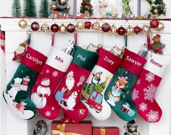 Personalized Embroidered Velvet Family Matching Stockings Snowman Penguin Reindeer Santa Snowflake