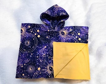 Hooded Car Seat Safe Poncho Personalized Reversible Carka Baby Infant Toddler Fleece Stars Constellations Purple Yellow Soft Cozy