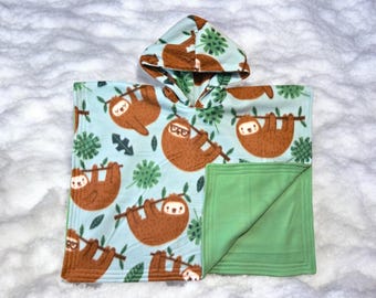 Car Seat Safe Poncho Personalized Reversible Hooded Carka Baby Infant Toddler Fleece Green Blue Brown Sloths Soft Cozy Warm