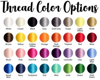 Puede incluir: Una tabla de 24 colores de hilo diferentes, incluyendo blanco, crema, negro, gris, gris oscuro, topo, amarillo claro, caqui, marrón, amarillo, amarillo dorado, naranja, naranja oscuro, tropical, rojo, vino, rubor, rosa, rosa intenso, fucsia, morado, lavanda, lila, azul claro, azul real, azul marino, turquesa, verde azulado, menta, lima, verde y verde oscuro.