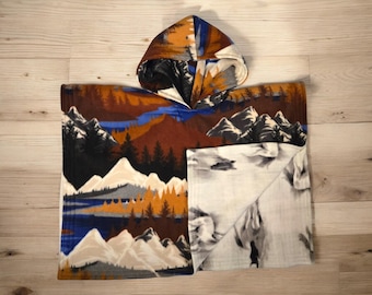 Hooded Car Seat Safe Poncho Personalized Reversible Carka Baby Infant Toddler Fleece Horse Mountains Blue Brown Soft Cozy Warm