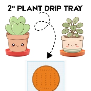 May include: A digital illustration of a 2-inch plant drip tray, with the text "STL FILE ONLY!". The image shows two potted plants with smiling faces, and a circular orange tray design. The text "Workplane" is also visible.