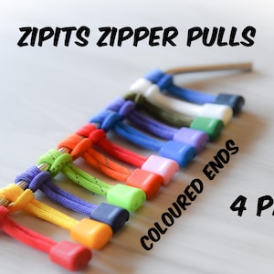 Paracord Zipits™  Zipper Pulls COLOURED ENDS - 4 Pack  // For Kids & Seniors // Luggage ID // Hiking-Camping // Be Seen